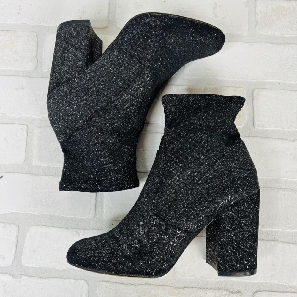 Express Black Glitter Block Heel Sock Ankle Boots Size 8 Round Toe Shimmer Boots
